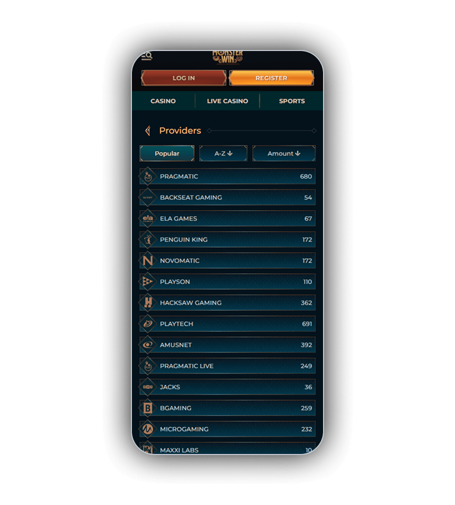 MonsterWin Casino game providers list with number of games per studio