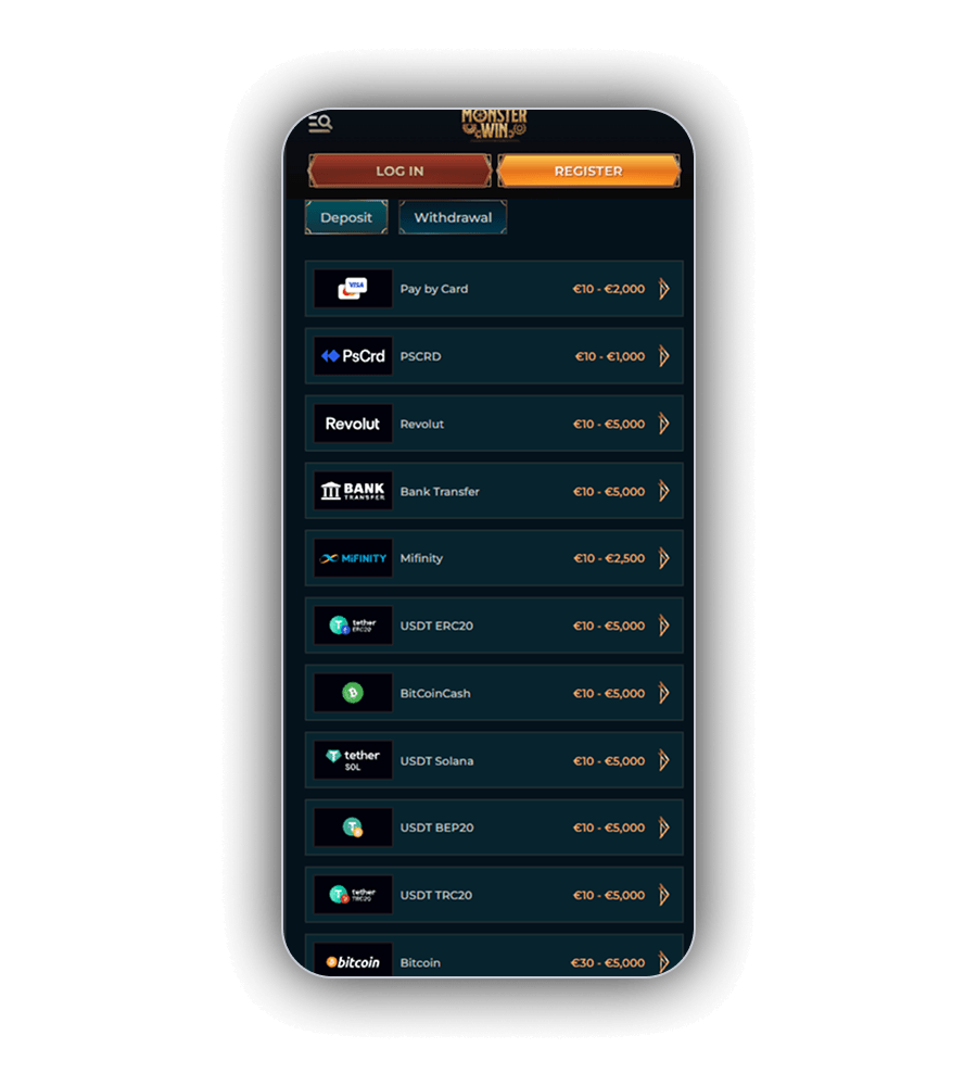 MonsterWin Casino payment methods with deposit limits